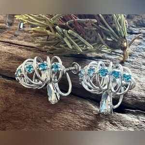 Vintage Star-Art Earrings Sterling Blue Crystal Fan Studs Screw Back Silver